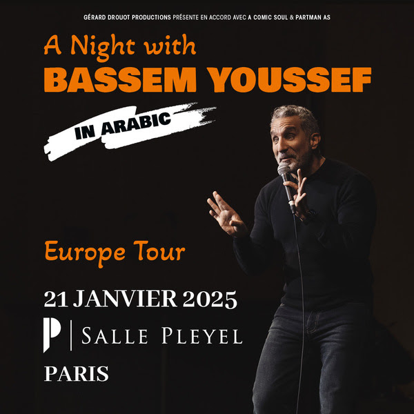 Bassem Youssef arrive à Paris à la Salle Pleyel le 21/01/202 - A Night with Bassem Youssef